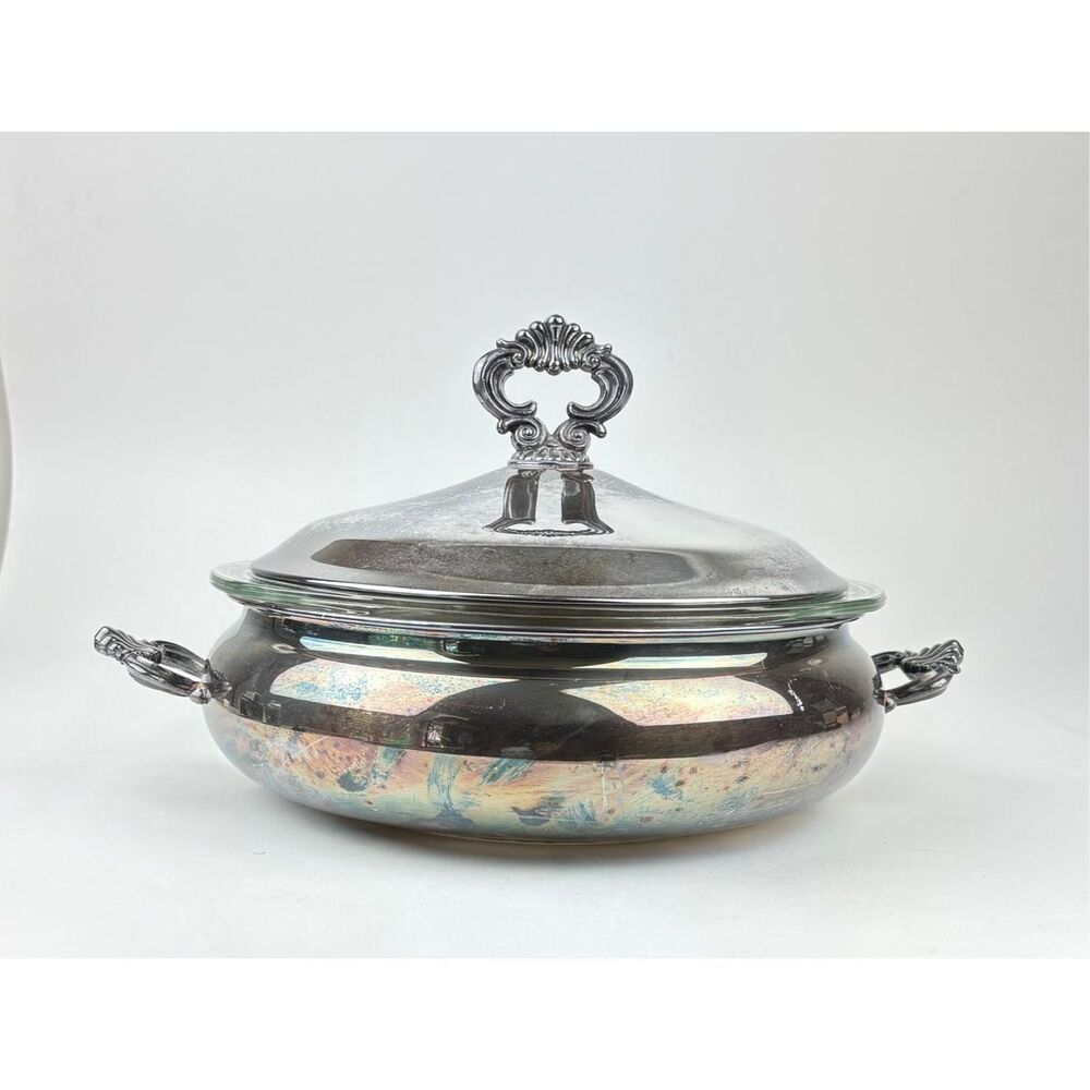 Antique Silver Plate Ornate Casserole Serving Dish w/ Lid & 3 QT Pyrex Insert AZ